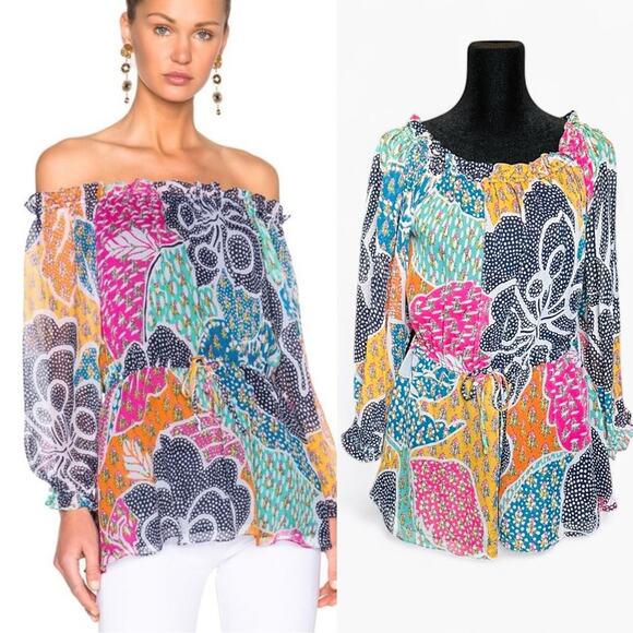 2/$25 Dianne Von Furstenberg Camila Silk Top Off Shoulder Blouse Beach Vacation - Picture 1 of 15